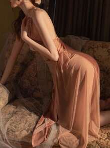 Sexy Lingerie: Lace & Velvet Splicing, Bowknot, Faux Button, High Slit, Detachable Padded, Backless Camisole Nightgown - Pink - View 2