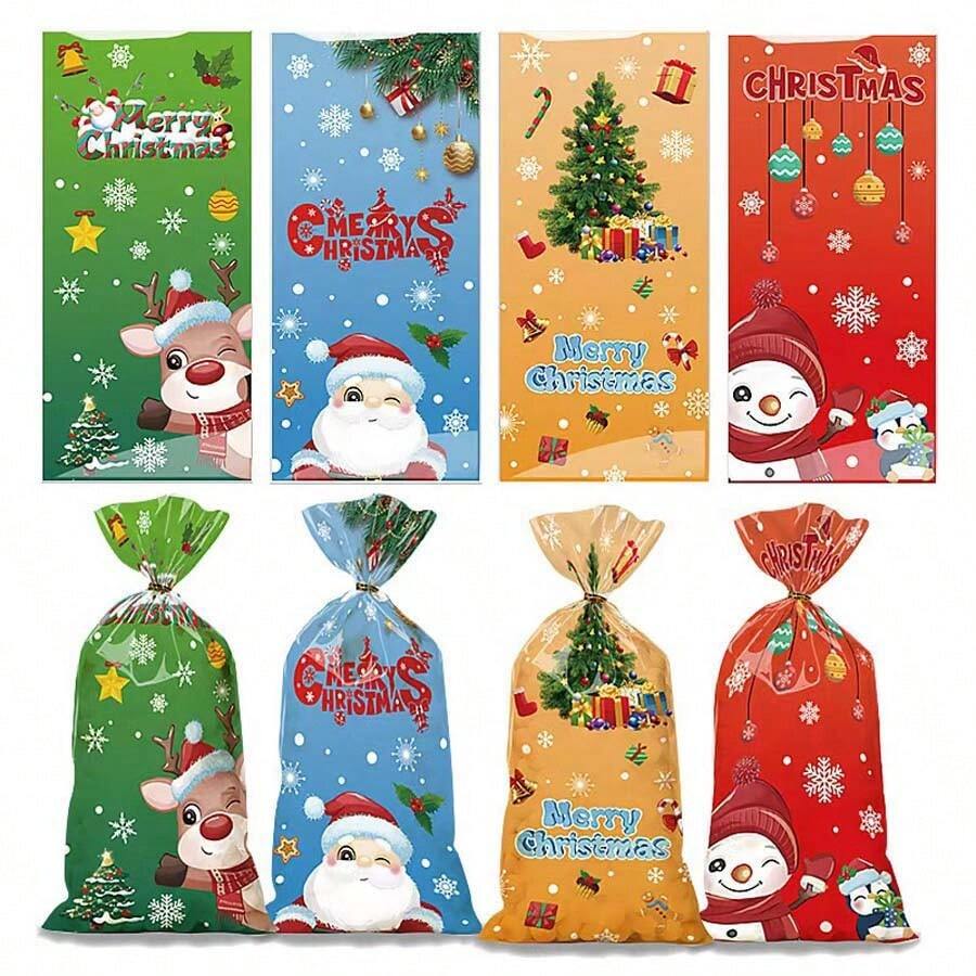 4pc2024 Túi kẹo Giáng sinh mới Trang trí tiệc Chương trình Túi quà tặng Ông già Noel Bánh quy O Pp Túi phẳng - Nhiều màu - Xem 1