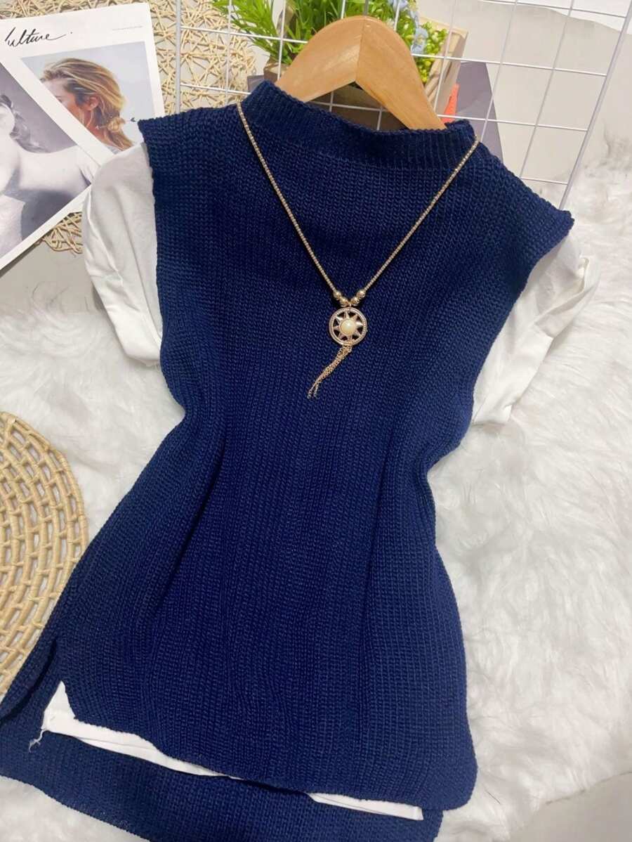 Modal Long Knitted Vest - 藏蓝色 - 查看 1