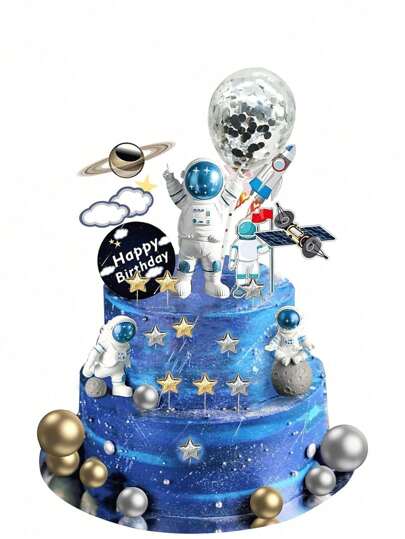 34pcs Space Cake Topper Set, Astronaut Statue Decor Cupcake Toppers Birthday Party Supply, Planets Rocket Faux Pearl Ball & Star Party Shower DIY Cake Decorations