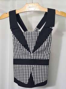 Plaid Halter Top - 黑色 - 查看 1