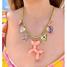 Collar de joyería con colgante de formas variadas (flor, caballo, ojo malvado, perro grande, caramelo, arcoíris, oso, cerradura, té, leche, píldora) con conector de circonita cúbica con micro pavé, broche de tornillo chapado en oro de 18K, estilo bohemio, para mujer