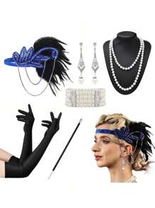 D EXCEED 6 件 20 世纪 20 年代女式飞来波女郎了不起的盖茨比配饰套装咆哮的 20 年代主题复古时尚派对查尔斯顿化装舞会万圣节装饰礼物化妆舞会角色扮演带人造羽毛头带舞会 - 多色 - 查看 81