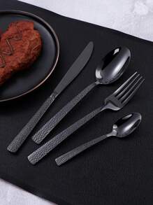 4件套不锈钢锤纹手柄餐具套装，含牛排刀、叉、勺，学校用品