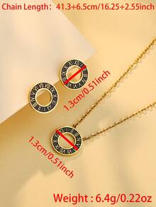1 Set/3pcs 2025 New Roman Numeral Ring, Gold Stainless Steel Cubic Zirconia Necklace & Earrings Wedding Jewelry Set - Black - View 5