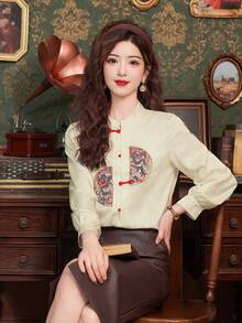 Spring Elegant Chinese Style Apricot Satin Asymmetric Standing Collar Embroidery Jacquard Knot Button For Chinese New Year Modern Hanfu Tops