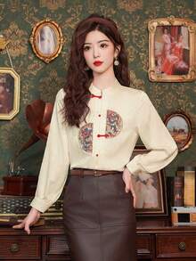 Spring Elegant Chinese Style Apricot Satin Asymmetric Standing Collar Embroidery Jacquard Knot Button For Chinese New Year Modern Hanfu Tops