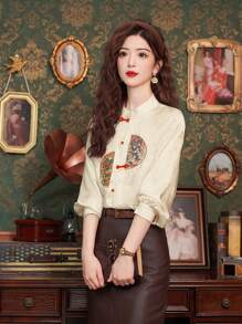 Spring Elegant Chinese Style Apricot Satin Asymmetric Standing Collar Embroidery Jacquard Knot Button For Chinese New Year Modern Hanfu Tops