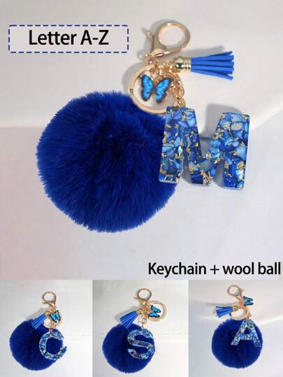 A-Z字母钥匙扣，蓝色爱心树脂钥匙扣配蓝色毛绒球，链条吊坠，背包挂饰，汽车配件，送给女性和女孩的礼物，情人节礼物，包包挂饰，圣诞节，万圣节派对礼物，适合送给家人、朋友、同学