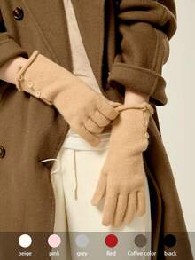 1 双新款复古纽扣点缀针织保暖手套，羊毛混纺触摸屏，适合女性，秋冬季 - 彩色 - 查看 13