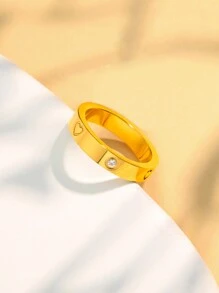 1 pieza Anillo de amor clásico de 5 mm de ancho, juego de anillos de pareja con circonita cúbica redonda con forma de corazón, de acero inoxidable dorado, para mujer, Día de San Valentín - Dorado - Ver 3
