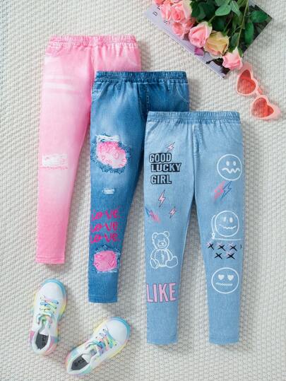 3pcs Young Girl Denim Print Slim Fit Pants Set