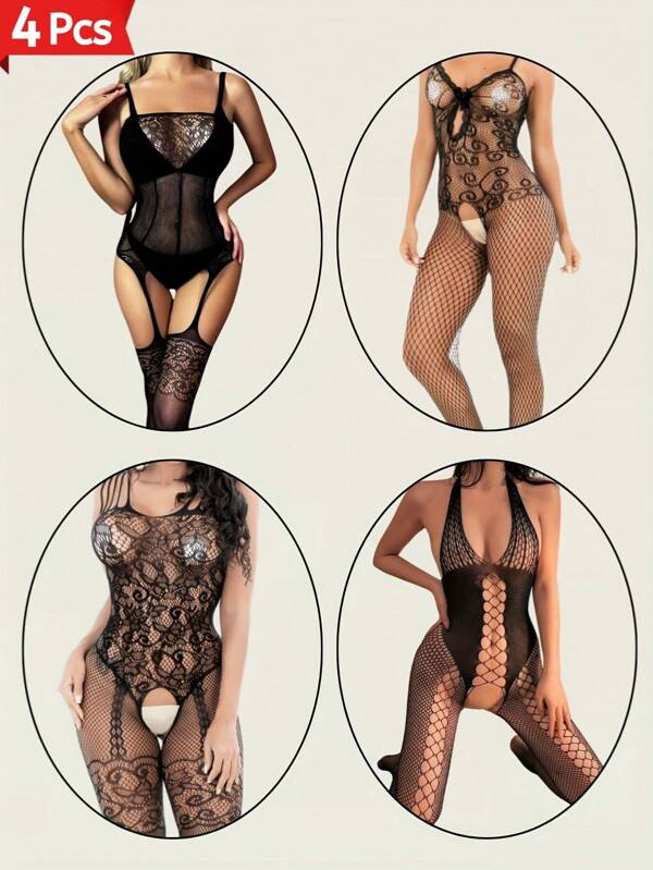 4 pièces/Set Combinaisons moulantes sans couture sexy et élastiques pour femmes grandes tailles - Combinaison en dentelle avec bas - Combinaisons dos nu avec bas - Combinaison en maille pour le corps entier, vêtements de nuit. Convient pour les vêtements de nuit, la lingerie, les soirées en boîte de nuit, la lune de miel, la Saint-Valentin, Noël, les festivals