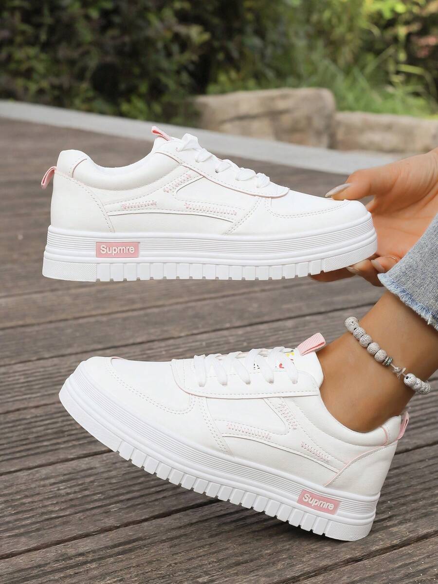 2024春夏新款透气时尚帆布鞋，女学生平底真皮休闲运动鞋 - 粉色 - 查看 1