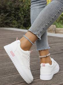 2024春夏新款透气时尚帆布鞋，女学生平底真皮休闲运动鞋 - 粉色 - 查看 6