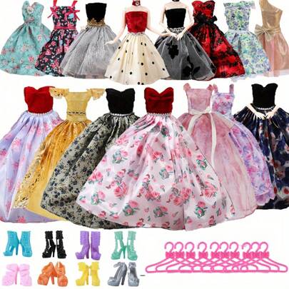 25pcs Fashion Doll Clothes And Accessories Set, Including 2 Wedding Dresses, 3 Mini Skirts, 10 Pairs Of Shoes And 10 Hangers - Fit For 11.5 Inch Dolls, Suitable For 3-6 Years Old Girls, Pretend Play, Holiday & Christmas Gift