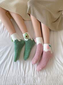 1/4 双厚羊毛小腿袜，可爱水果图案保暖透气女士袜子，适合圣诞节 - 彩色 - 查看 5