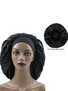 1个纯色睡眠帽，时尚弹力护发帽，女士丝绸化疗帽，睡眠帽 - 黑色 - 查看 4