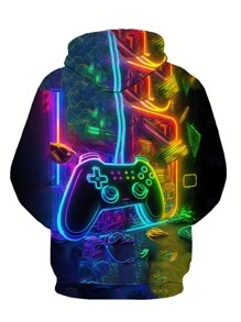 Plus Size Men 3D Game Console Graphic Drawstring Hooded Sweatshirt, Casual Autumn