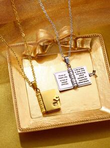 Customized Stainless Steel Couple's Book Pendant Necklace, Multi-Page Book Necklace, Customized Heart Shape Text Sweater Necklace For Women - Silver - View 5