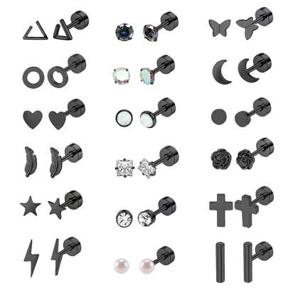 18 Pairs Stainless Steel Stud Earrings Set For Women Star Moon Flower Heart Leaf Opal 20G Cartilage Earrings Hypoallergenic Flatback Earrings Piercing Jewelry Valentines