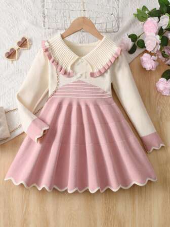 年轻女孩可爱荷叶边女孩连衣裙彼得潘领可爱时尚针织服装，春秋季