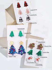 3 对圣诞耳钉格子豹纹圣诞树印花耳环亚克力耳环秋冬新款适合节日佩戴，也是最佳礼物 - 彩色 - 查看 8