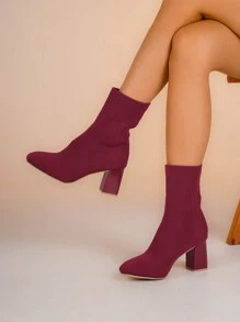 New Elegant Women Party/Holiday Season Knitted Burgundy Mid-Calf High Heel Boots, Breathable Nude High Fashion Shoes, Comfortable Wear, Spring/Summer/Autumn/Winter,Match Leggings