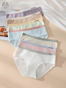 Paquete de 7 bragas de algodón acanalado de cintura media para mujer, bragas cómodas y elásticas tipo hipster para días de la semana
