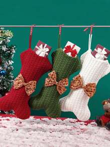 Christmas Stocking Knit Christmas Decorations Stockings Bone Shape Bowknot Hanging Stocking Holiday Christmas Party Family Decor