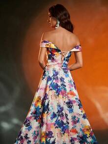 Anymoon Off-Shoulder Pleated Floral Print Long Evening Dress Party Dress Wedding Guest Dress Formal Dress - Pink - View 7