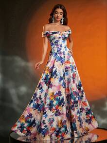 Anymoon Off-Shoulder Pleated Floral Print Long Evening Dress Party Dress Wedding Guest Dress Formal Dress - Pink - View 5