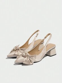 Women's Pointed Toe Slip-On High Heel Shoes With Bow Decor, Solid Color Chunky Heel Pumps, Elegant And Comfortable For Daily Wear, Versatile For Outdoor, Commute, Party, Formal Occasions, Autumn/Winter, Beige Satin High Heels, Suitable For Christmas, Music Festivals, Mother's Day - Beige - View 7