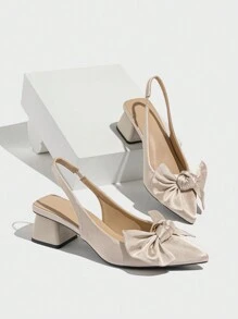 Women's Pointed Toe Slip-On High Heel Shoes With Bow Decor, Solid Color Chunky Heel Pumps, Elegant And Comfortable For Daily Wear, Versatile For Outdoor, Commute, Party, Formal Occasions, Autumn/Winter, Beige Satin High Heels, Suitable For Christmas, Music Festivals, Mother's Day - Beige - View 5