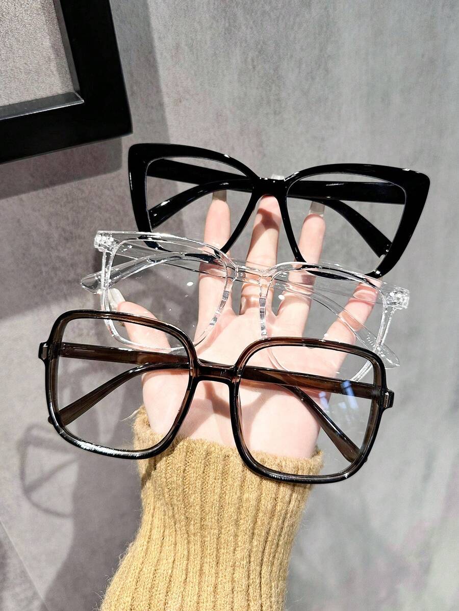 3 件装女士几何塑料日常平光镜片经典厚实现代简约风格透明眼镜组合适合返校日常生活办公室阅读电话观看电视玩游戏配件沙滩配件女士眼镜墨镜 - 透明 - 查看 1