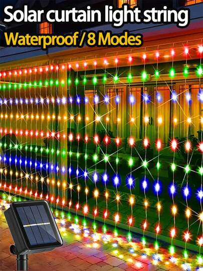 1pc 300/200/100 LEDs Solar Curtain Light, Outdoor Light, IP65 Waterproof 8 Lighting Modes Fairy Lights Christmas Party Wedding Home Bedroom Garden Wall Decor, Halloween Decorations Lights Outdoor 9.8Ftx9.8Ft/9.8Ftx6.5Ft/9.8Ftx3.2Ft