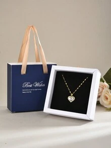 1 件礼盒装奢华不锈钢方晶锆石心形吊坠项链女士 - 金黃色 - 查看 12