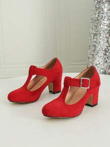 Plus Size Mary Jane Pumps, T-Strap Buckle Closure Chunky Heel Dress Shoes, Velvet Material, Suitable For Wedding, Casual, Work, Outdoor, Red Color