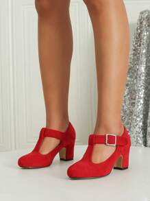 Plus Size Mary Jane Pumps, T-Strap Buckle Closure Chunky Heel Dress Shoes, Velvet Material, Suitable For Wedding, Casual, Work, Outdoor, Red Color