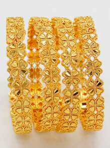 1pc Stacked 24K Gold Plated Heart & Four Leaf Clover Openable Bracelet, Popular Dubai & Europe Style, For Summer Wedding Season