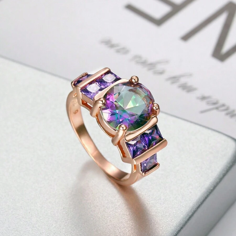 MONALLY 迷人女性彩虹方晶锆石玫瑰金戒指原创设计女士礼物风格珠宝 - 戒指 - 查看 1