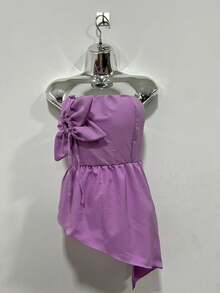 Blouse Style Crop Top With Asymmetrical Flower Detail - Lilac Purple - View 1