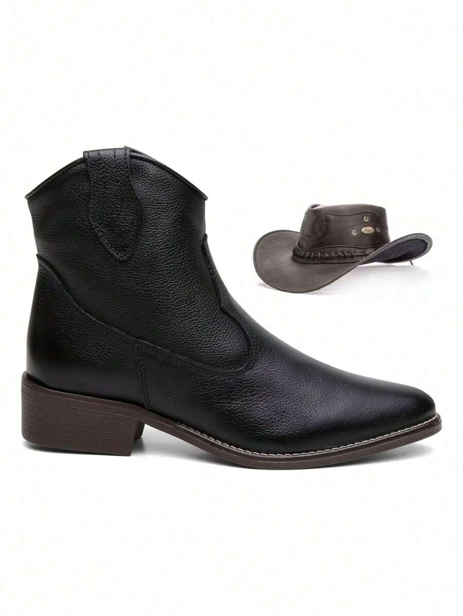 Women's Leather Boot Mid-Calf Boot And Gift Hat - 黑色 - 查看 1