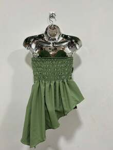 Blouse Style Crop Top With Asymmetrical Flower Detail - Army Green - View 2