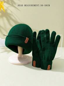 Set de 2 piezas: Gorro de punto elástico unisex y guantes con parche, estilo moda urbana hip-hop, accesorio y cubrecabeza cálido para otoño e invierno