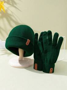 Set de 2 piezas: Gorro de punto elástico unisex y guantes con parche, estilo moda urbana hip-hop, accesorio y cubrecabeza cálido para otoño e invierno
