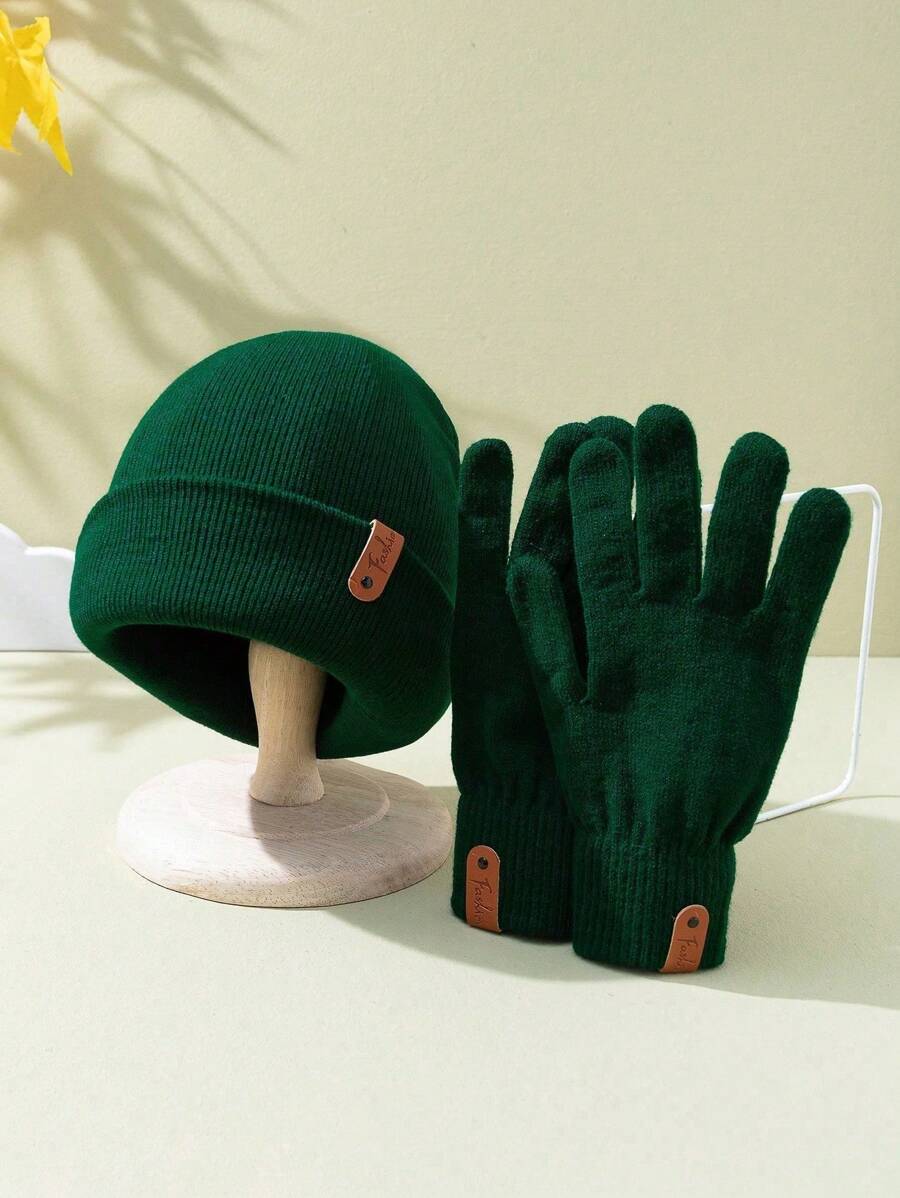 Set de 2 piezas: Gorro de punto elástico unisex y guantes con parche, estilo moda urbana hip-hop, accesorio y cubrecabeza cálido para otoño e invierno
