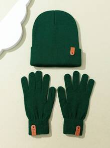 Set de 2 piezas: Gorro de punto elástico unisex y guantes con parche, estilo moda urbana hip-hop, accesorio y cubrecabeza cálido para otoño e invierno