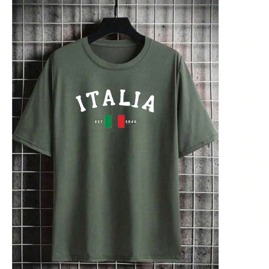 Men's T-Shirt ITALIA 1946 Round Neck New Release Basic Shirt T-Shirt - 軍綠色 - 查看 1