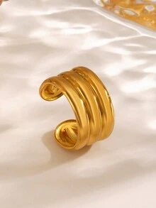 1 chiếc nhẫn tròn trơn không đối xứng bằng thép không gỉ thời trang cổ điển, nhẫn hở phong cách hiphop hợp thời trang mạ vàng 18K - Nhiều màu - Xem 2